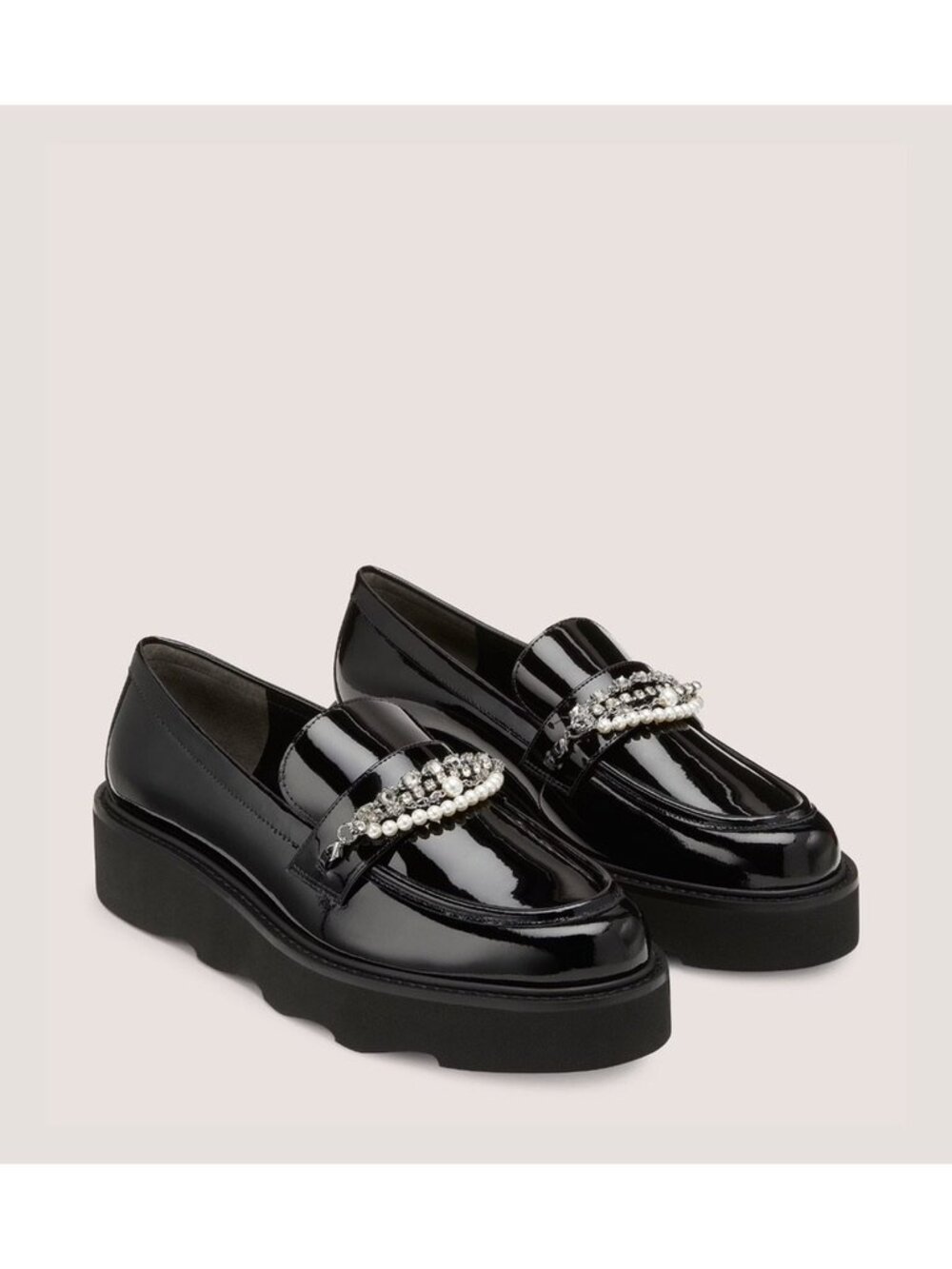 New Stuart Weitzman Pearldrop Leather Platform Loafer Black Sz 7